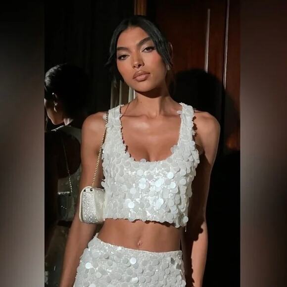 Meshki Maude Sequin Racer Crop Top Ivory Statement Party Small - Picture 9 of 16